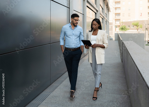 Two Multiethnic business people walking and talking about work outside office using digital tablet