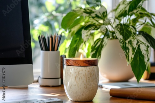 Cozy Workspace With Candle and Greenery During Sunny Afternoon