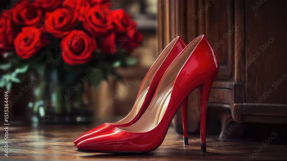 Red high heels shoes near red roses bouquet. Elegant red shoes on wooden floor. Stylish red shoes and roses for fashion magazine or website. Red high heels shoes near red roses bouquet. Elegant red shoes on wooden floor. Stylish red shoes and roses for fashion magazine or website.