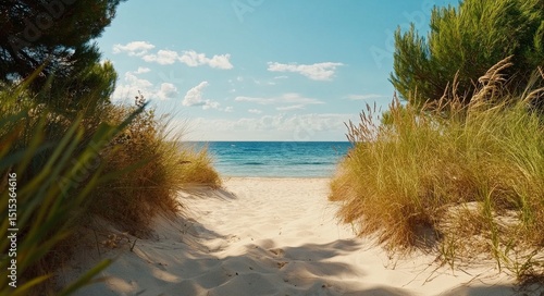 Tranquil Beach Pathway With Soft Sand and Gentle Waves in the Distance Under ...