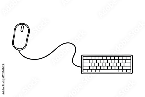 Simple line art wired computer mouse and keyboard