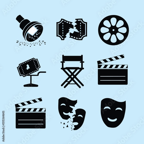 vector icons for cinema, Director's Chair , theatrical roles, video tape, cinema shattered spotlight, Theater Ticket
