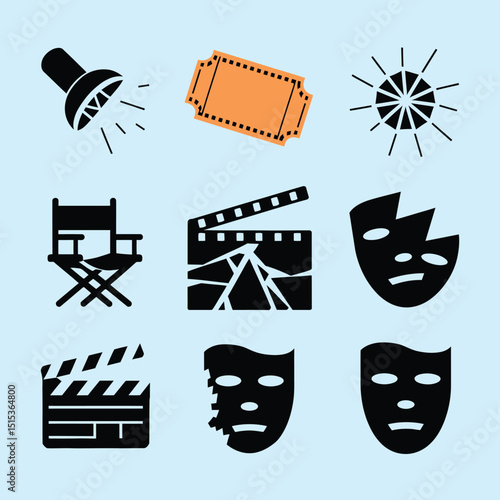 vector icons for cinema, Director's Chair , theatrical roles, video tape, cinema shattered spotlight, Theater Ticket
