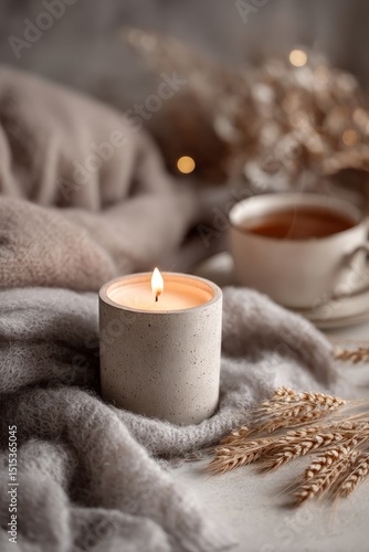 Cozy Settings With a Candle and Steaming Cup of Coffee on a Soft Blanket