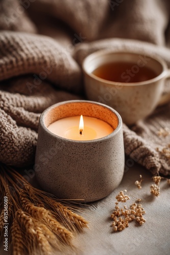 Warm Candlelight and Herbal Tea Create a Cozy Atmosphere at Home on a Chilly ...