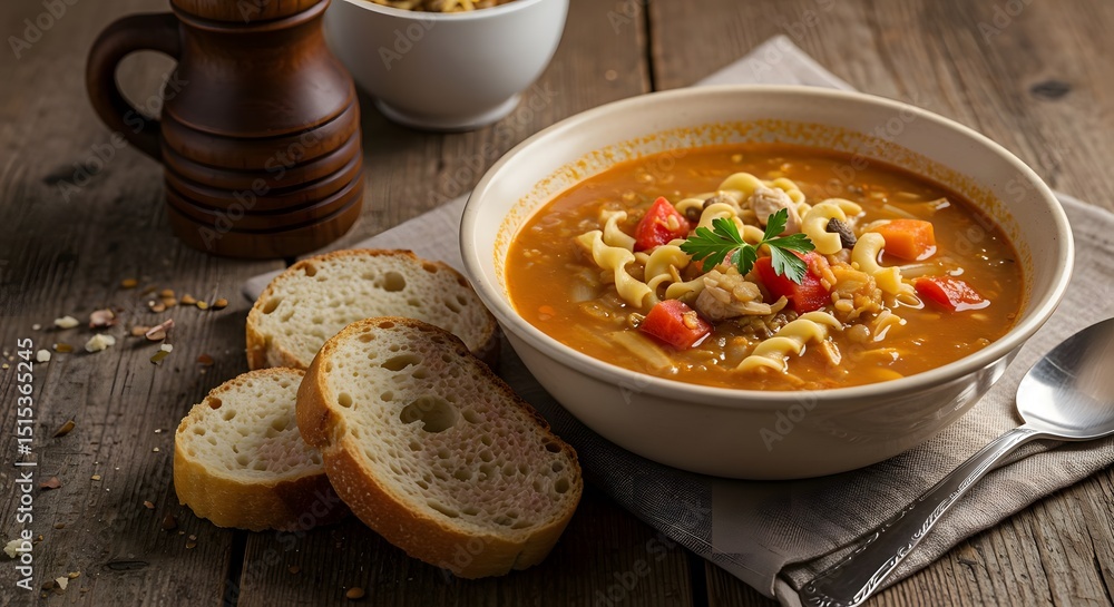 Serving of Pasta Soup with Bread on Wooden Table Serving of Pasta Soup with Bread on Wooden Table