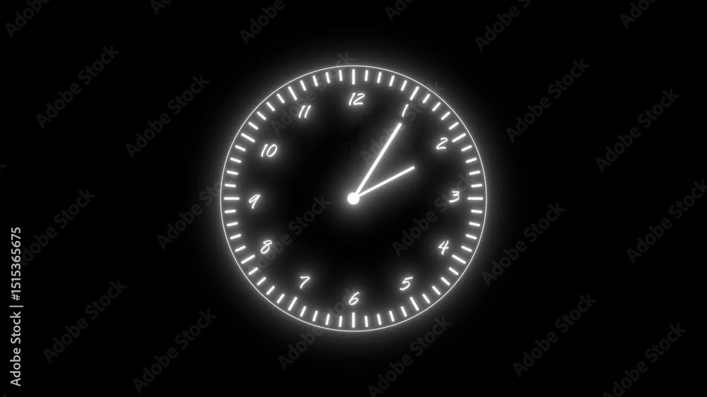 Glowing White Clock Face on Black Background Displaying the Time of Twelve Minutes Past Five Glowing White Clock Face on Black Background Displaying the Time of Twelve Minutes Past Five