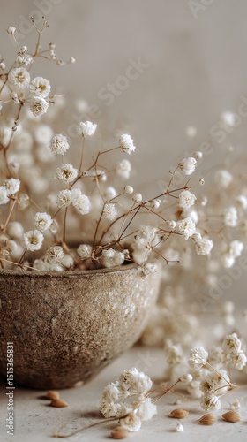Delicate White Flowers in Rustic Vase Featuring Natural Textures