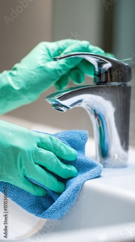 Cleaning a Bathroom Faucet With a Cloth and Gloves in a Modern Home Setting