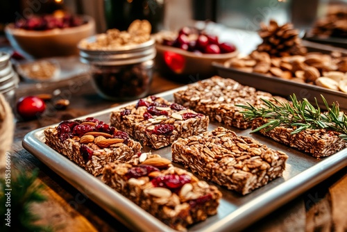 Healthy Granola Bars Displayed on a Tray at a Rustic Setting During a Cozy Wi...
