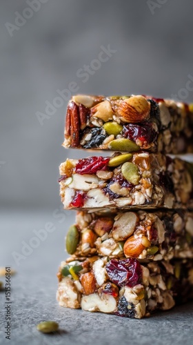 Healthy Snack Bars Made With Nuts, Seeds, and Dried Fruits Stacked on a Gray ...