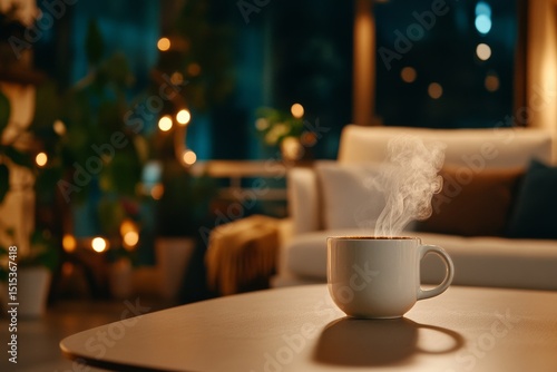 Cozy Evening With a Steaming Cup of Coffee in a Warm Interior Setting