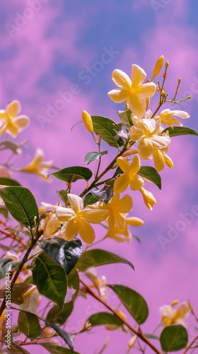 Yellow Flowers Bloom Against a Vibrant Pink Sky During a Sunny Afternoon in S...
