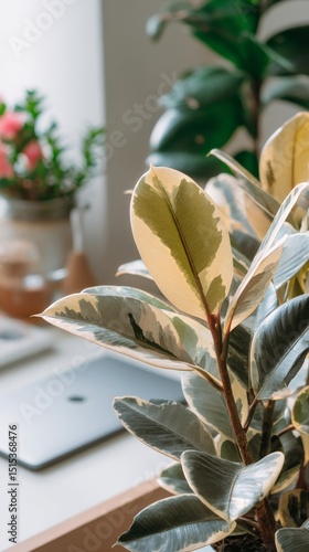 Indoor Workspace Featuring Potted Plants and Colorful Flowers in a Bright Env...