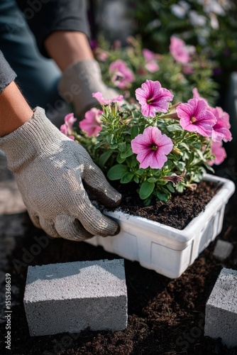 Planting Pink Petunia Flowers in Garden Box During Sunny Day