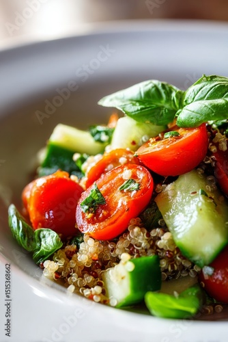 Fresh Quinoa Salad With Tomatoes and Cucumbers Garnished With Basil Leaves
