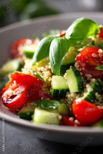 Fresh Quinoa Salad With Tomatoes and Cucumbers Garnished With Basil Leaves