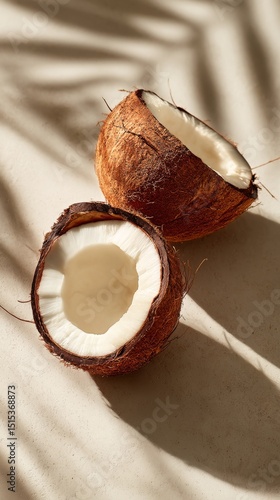 Halved Coconuts Resting on a Soft Surface With Natural Shadows Highlighting T...
