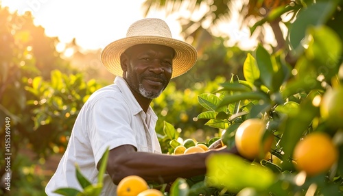 Happy farmer harvesting oranges at sunset.