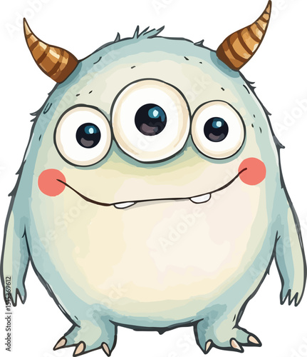 Cute little monster watercolor vector illustration.