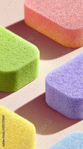 Colorful Sponges Arranged on a Surface With Soft Shadows During Bright Daylight