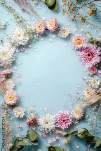 Floral Arrangement Featuring Pastel Flowers on a Light Blue Background for Cr...