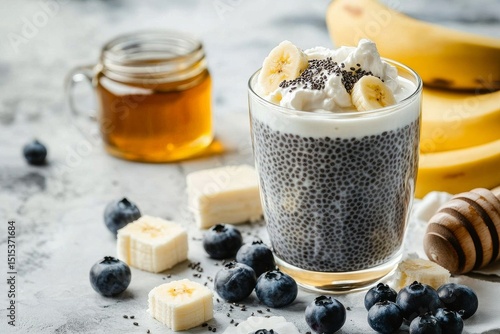 Delicious Chia Seed Pudding Served With Bananas and Blueberries in a Cozy Kit...
