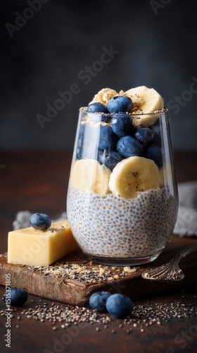 Chia Seed Pudding Topped With Blueberries and Banana on Wooden Board