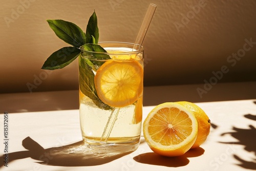 Fresh Lemon Drink With Basil Leaves Served in Sunlight With Whole Lemons on t...