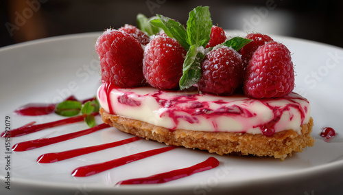 Raspberry cheesecake with red sauce on white plate