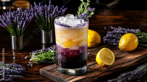 Refreshing Lavender Lemonade With Ice on a Wooden Board