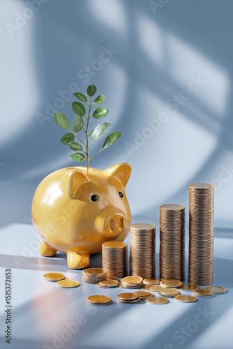Piggy Bank With Plant Sprout Surrounded by Stacks of Coins on a Blue Backgrou...