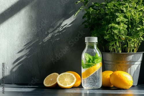 Refreshing Lemon and Mint Water Displayed With Natural Elements in a Cozy Set...