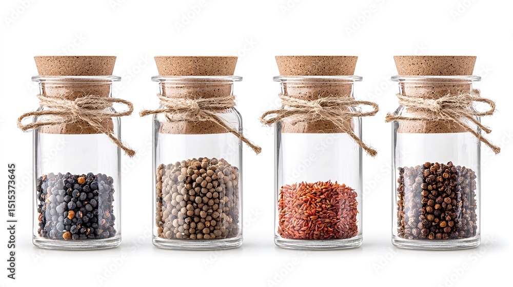 Four Glass Jars with Cork Stoppers Filled with Various Spices Four Glass Jars with Cork Stoppers Filled with Various Spices