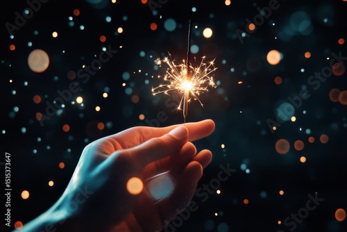 Hand Holding a Sparkler in Dark With Glowing Sparks and Bokeh Effect in Eveni...