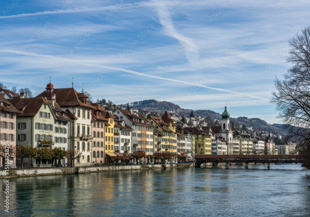 Fototapeta premium Lucerne cityscape view river scene on background