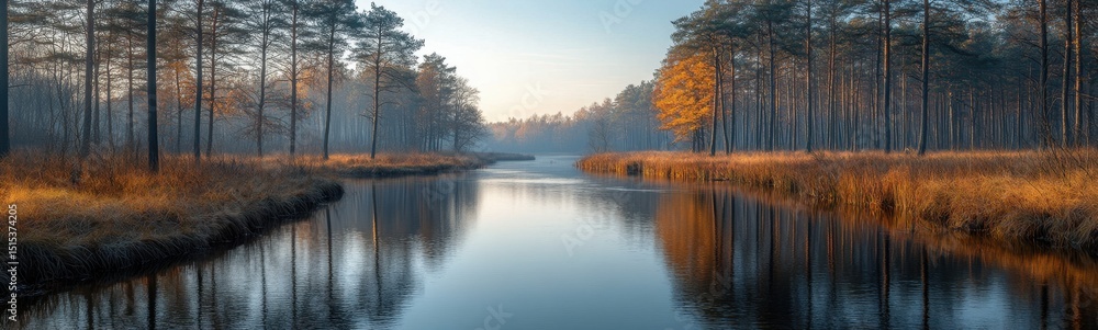 Fototapeta premium Trees are reflected in the water of a river in a forest banner copy space