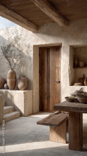 Elegant Rustic Interior Featuring Wooden Furnishings and Ceramic Pots in a Su...