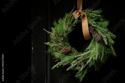 Decorative Green Wreath With Pinecones Hangs on a Black Door During Winter Fe...