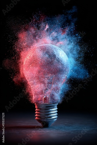 Colorful Explosion of Powder Inside Glass Electric Light Bulb at Night