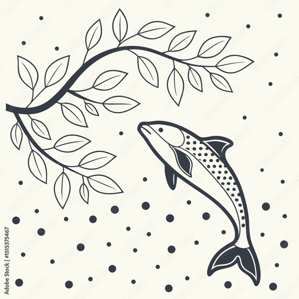 Fototapeta premium Leafy branch and graceful leaping fish