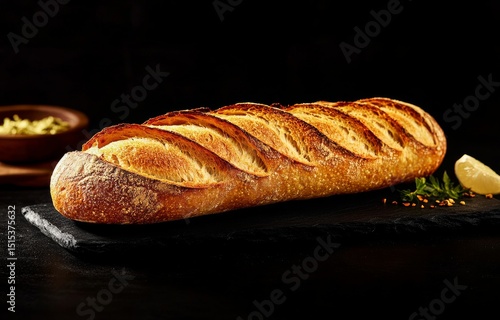 Freshly Baked Artisan Bread With Lemon Wedges on a Dark Slate Tray