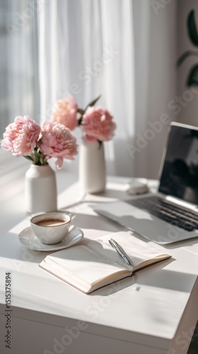Cozy Workspace With Blooming Flowers, Coffee, and Laptop in Bright Morning Light