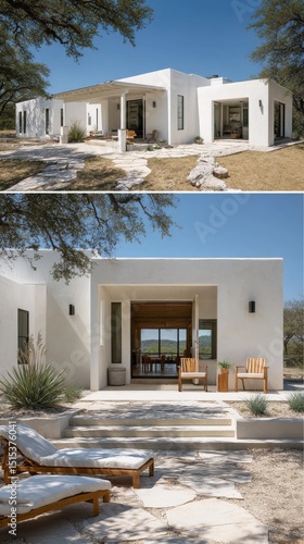 Modern White House With a Spacious Porch and Relaxing Outdoor Seating in a Su...