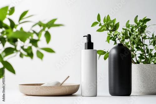 Minimalist Skincare Products on a Clean Countertop With Natural Greenery in a...