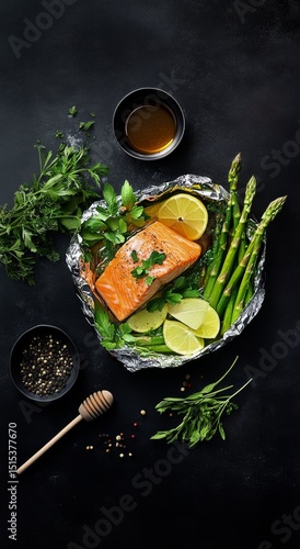 Fresh Salmon Fillet With Herbs and Asparagus Prepared for Healthy Cooking
