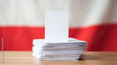 Stack of blank Polish election ballot papers prepared for distribution at electoral office

