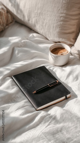 Cozy Workspace on a Bed With a Black Notebook and Cup of Coffee in Morning Su...