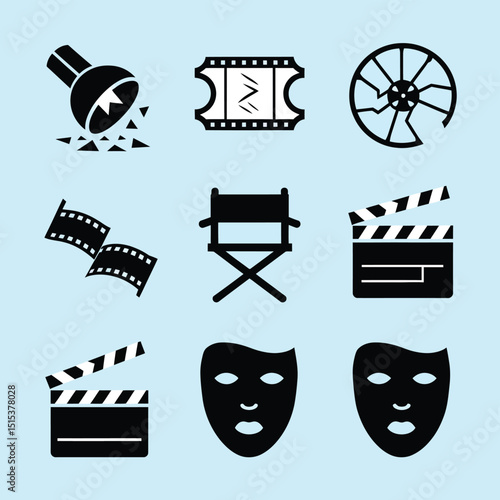 vector icons for cinema, Director's Chair , theatrical roles, video tape, cinema shattered spotlight, Theater Ticket
