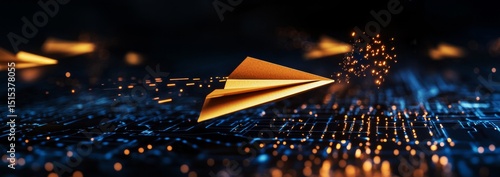 Paper Plane Flying Over a Network of Glowing Connections at Night